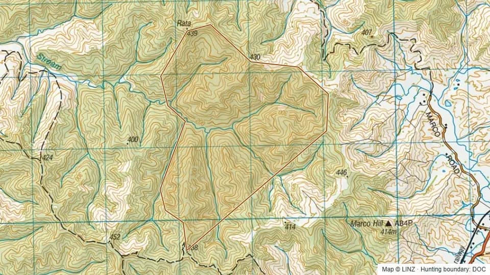 Topographic map of Mangapaka Scenic Reserve in Taranaki, New Zealand, with the DOC hunting boundary outlined.