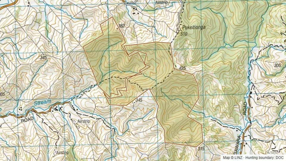 Topographic map of Mangapiko Valley Scenic Reserve in Waikato, New Zealand, with the DOC hunting boundary outlined.
