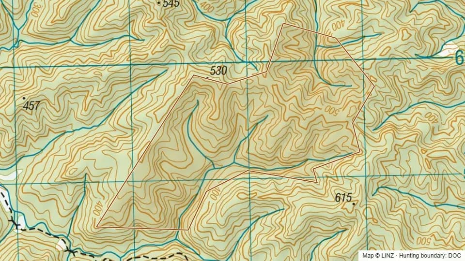 Topographic map of Mangatawai Conservation Area (Pt) in Manawatu-Wanganui, New Zealand, with the DOC hunting boundary outlined.