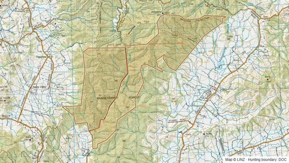 Topographic map of Mangatawhiri in Waikato, New Zealand, with the DOC hunting boundary outlined.