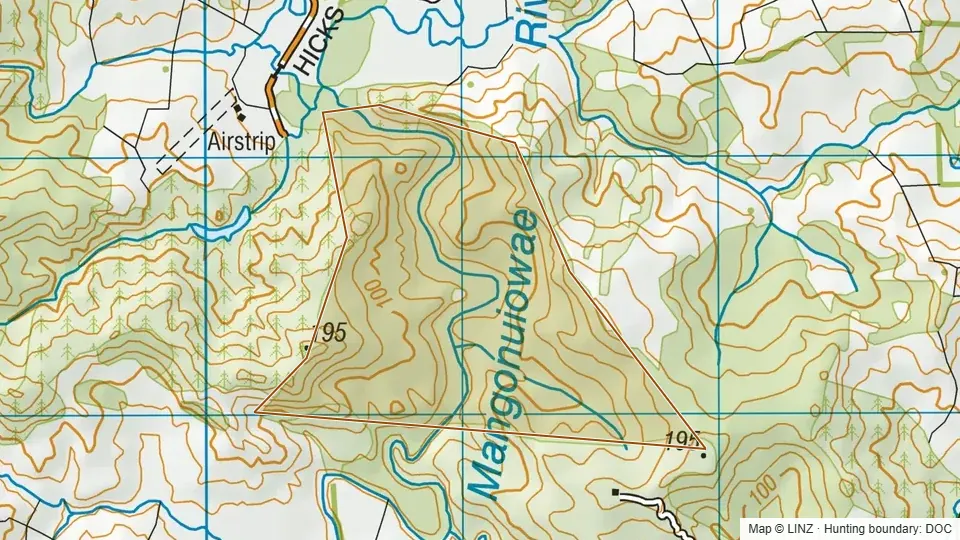 Topographic map of Mangonuiowae (Govt Purpose) Wildlife Management Reserve in Northland, New Zealand, with the DOC hunting boundary outlined.