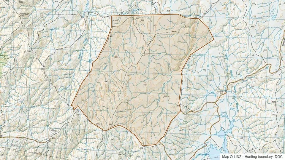 Topographic map of Manorburn in Otago, New Zealand, with the DOC hunting boundary outlined.