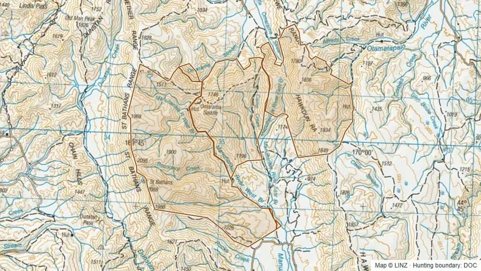 Topographic map of Manuherikia hunting block in Otago, New Zealand, with the DOC hunting boundary outlined.