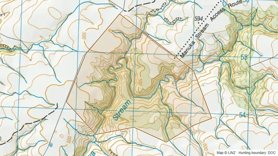 Topographic map of Manuka Stream in Otago, New Zealand, with the DOC hunting boundary outlined.