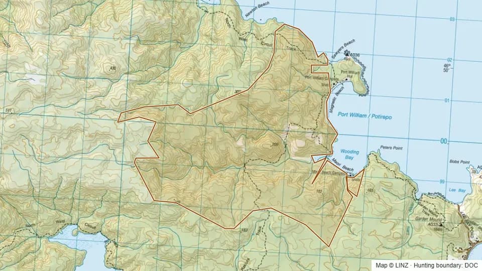 Topographic map of Maori Beach in Southland, New Zealand, with the DOC hunting boundary outlined.