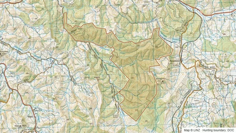 Topographic map of Mapara Wildlife Management Reserve in Waikato, New Zealand, with the DOC hunting boundary outlined.