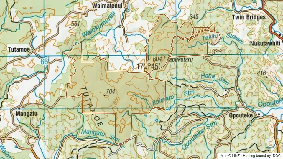 Topographic map of Marlborough Forest in Northland, New Zealand, with the DOC hunting boundary outlined.