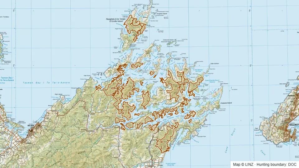 Topographic map of Marlborough Sounds Reserves in Marlborough, New Zealand, with the DOC hunting boundary outlined.