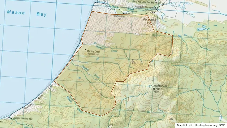 Topographic map of Martins Creek in Southland, New Zealand, with the DOC hunting boundary outlined.
