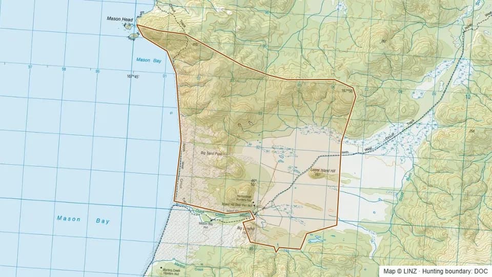 Topographic map of Mason Homestead in Southland, New Zealand, with the DOC hunting boundary outlined.