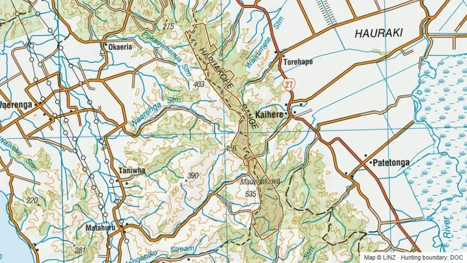 Topographic map of Matahuru Scenic Reserve in Waikato, New Zealand, with the DOC hunting boundary outlined.
