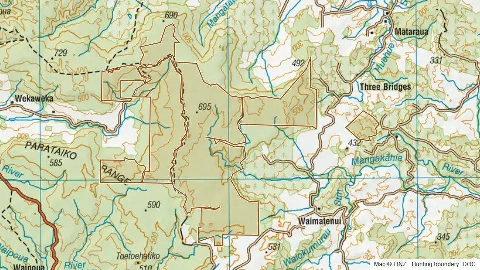Topographic map of Mataraua Forest in Northland, New Zealand, with the DOC hunting boundary outlined.