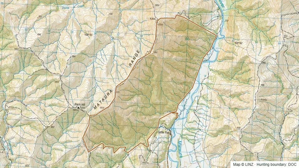 Topographic map of Mataura Range Scenic Reserve in Southland, New Zealand, with the DOC hunting boundary outlined.