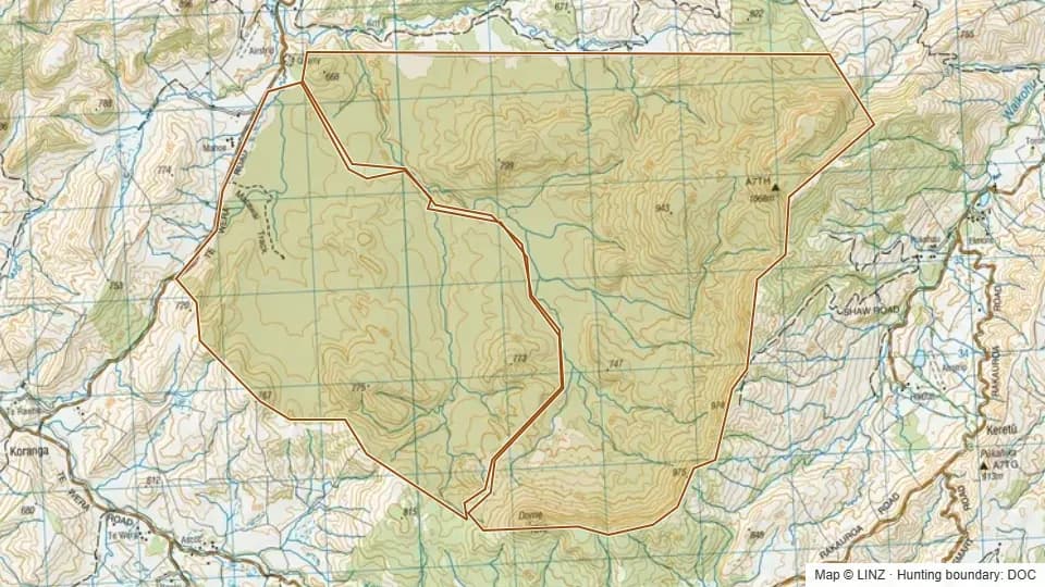 Topographic map of Matawai Conservation Area in Gisborne, New Zealand, with the DOC hunting boundary outlined.