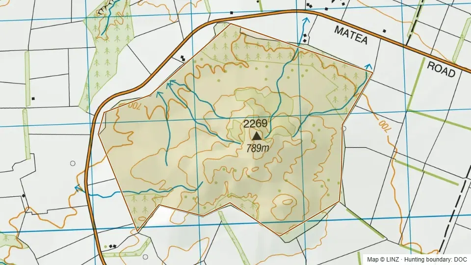 Topographic map of Matea Road Conservation Area in Bay of Plenty, New Zealand, with the DOC hunting boundary outlined.