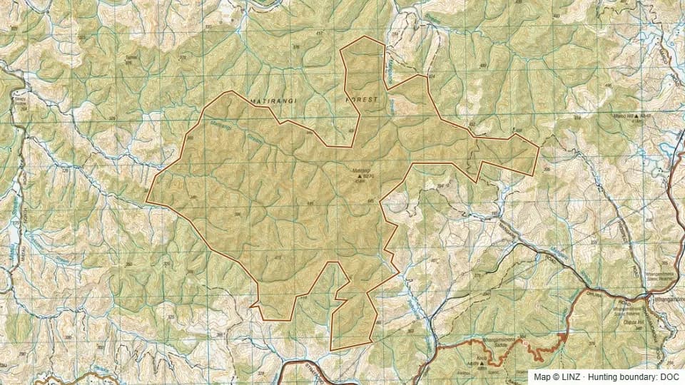 Topographic map of Matirangi Conservation Area in Taranaki, New Zealand, with the DOC hunting boundary outlined.