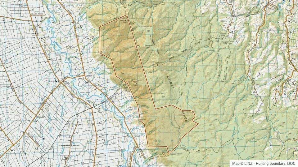 Topographic map of Maurihoro Scenic Reserve in Waikato, New Zealand, with the DOC hunting boundary outlined.