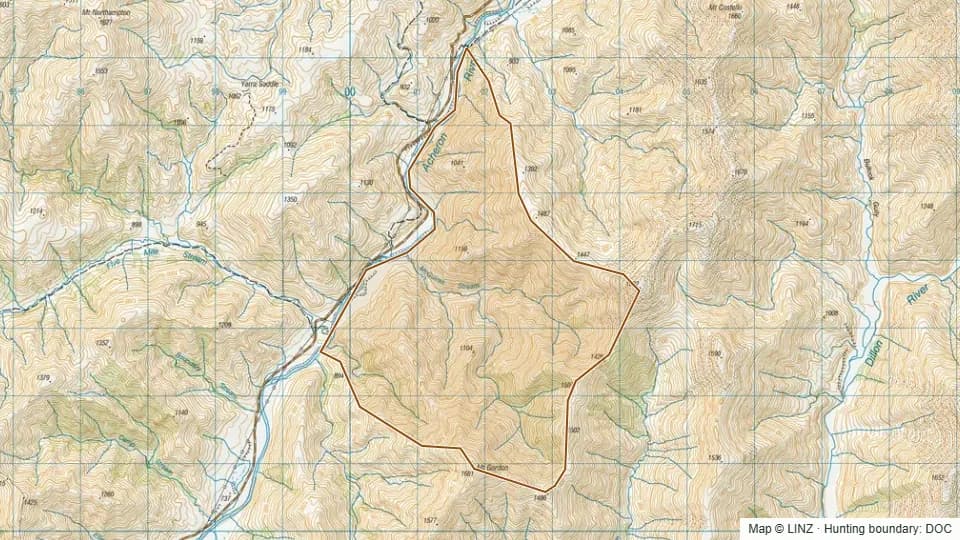 Topographic map of McGuires in Marlborough, New Zealand, with the DOC hunting boundary outlined.