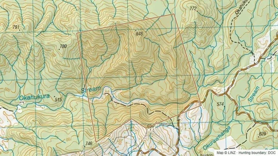 Topographic map of Meyer Block Wildlife Refuge Reserve in Waikato, New Zealand, with the DOC hunting boundary outlined.
