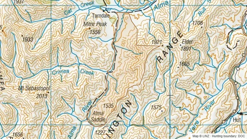 Topographic map of Mid Alma in Marlborough, New Zealand, with the DOC hunting boundary outlined.
