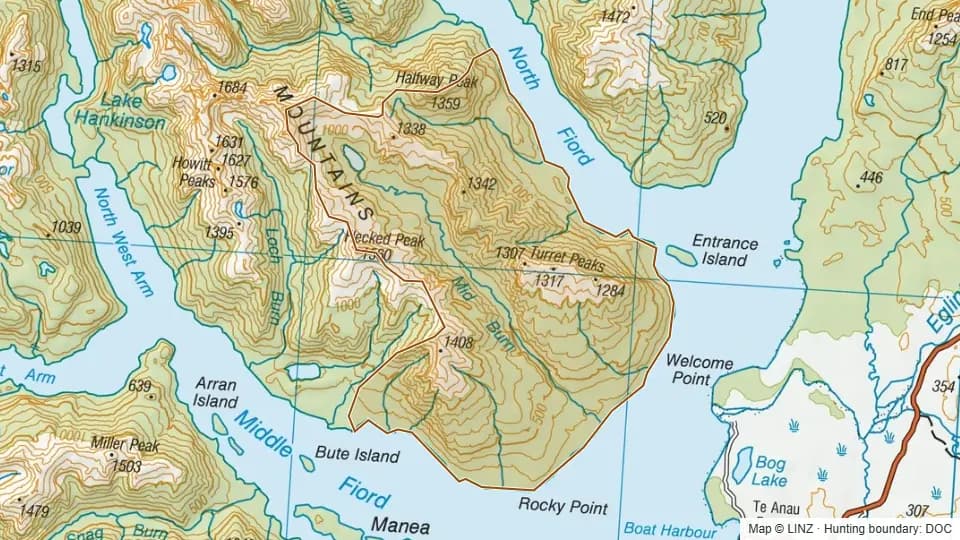 Topographic map of Mid Burn in Southland, New Zealand, with the DOC hunting boundary outlined.