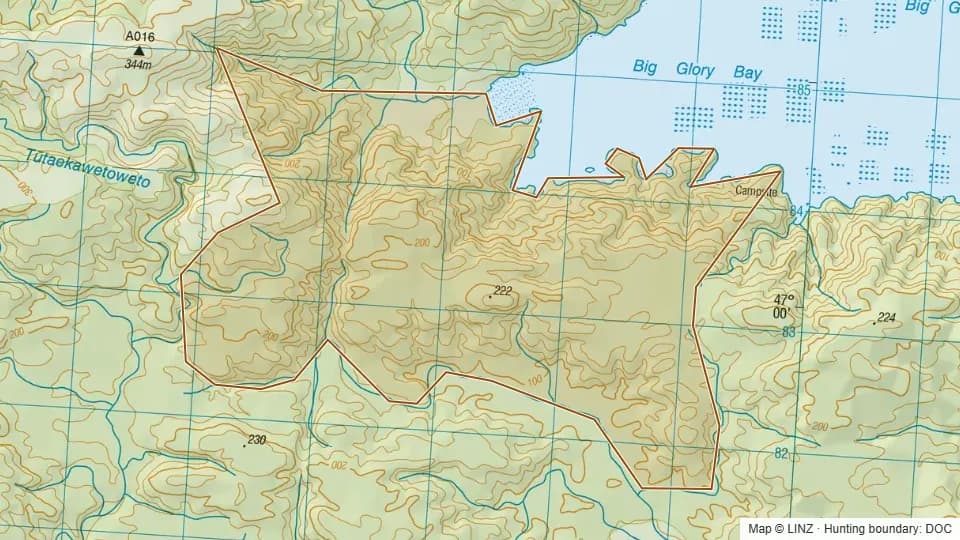 Topographic map of Mid Glory in Southland, New Zealand, with the DOC hunting boundary outlined.