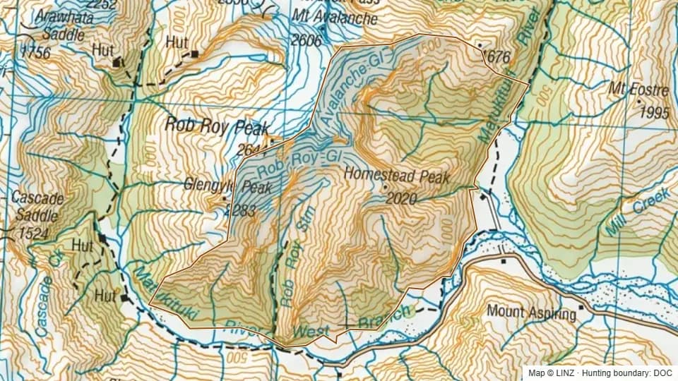 Topographic map of Mid Matukituki in Otago, New Zealand, with the DOC hunting boundary outlined.