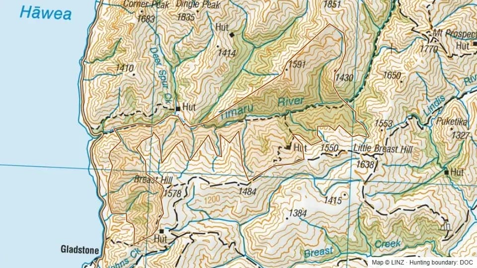Topographic map of Mid Timaru Creek in Otago, New Zealand, with the DOC hunting boundary outlined.