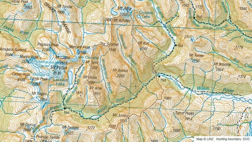 Topographic map of Mid Wilkin in Otago, New Zealand, with the DOC hunting boundary outlined.