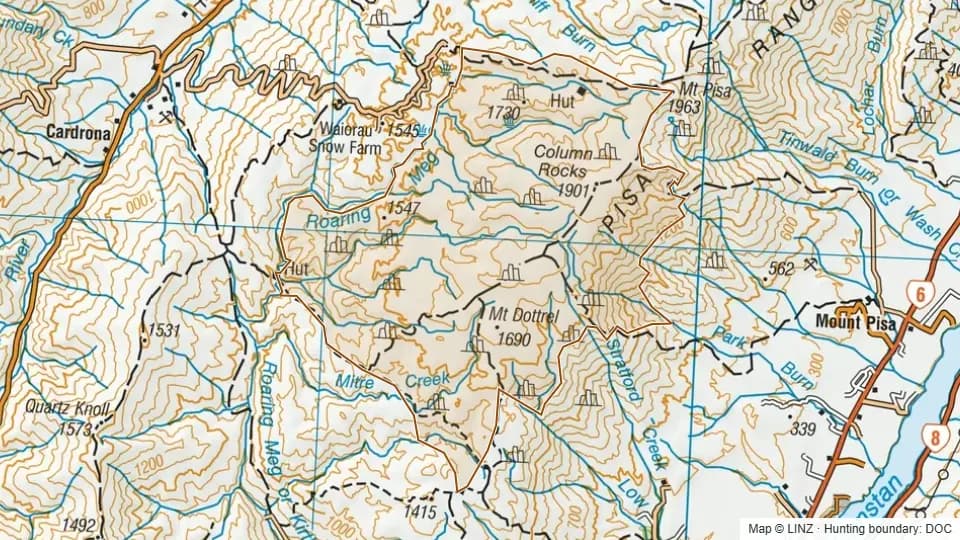 Topographic map of Middle Pisa Conservation Area in Otago, New Zealand, with the DOC hunting boundary outlined.