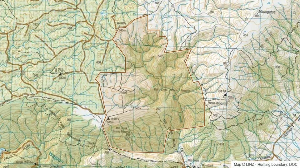 Topographic map of Mill Creek in Otago, New Zealand, with the DOC hunting boundary outlined.
