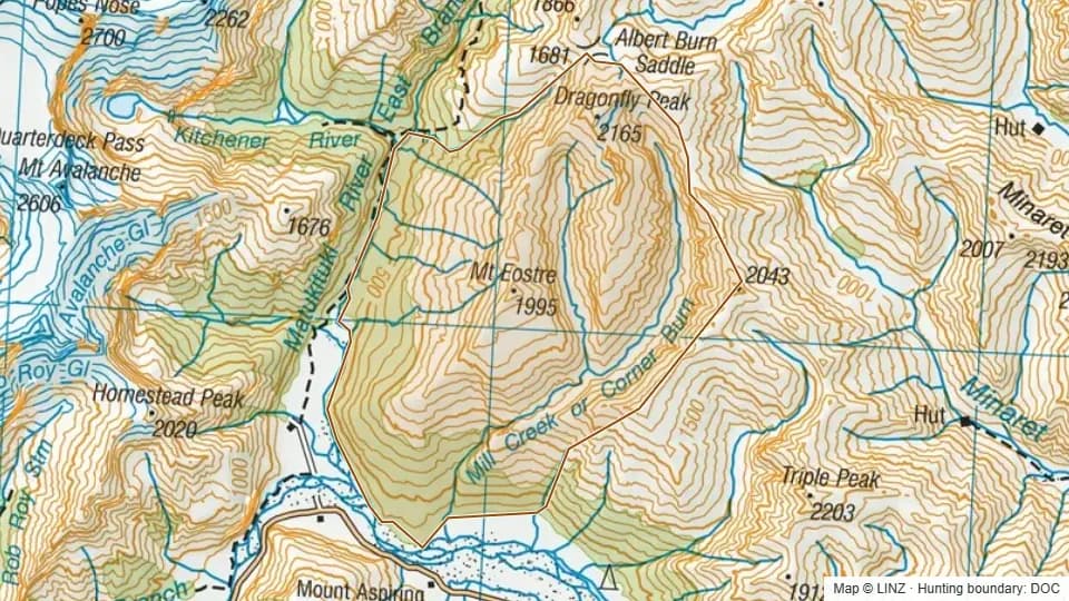 Topographic map of Mill Creek in Otago, New Zealand, with the DOC hunting boundary outlined.