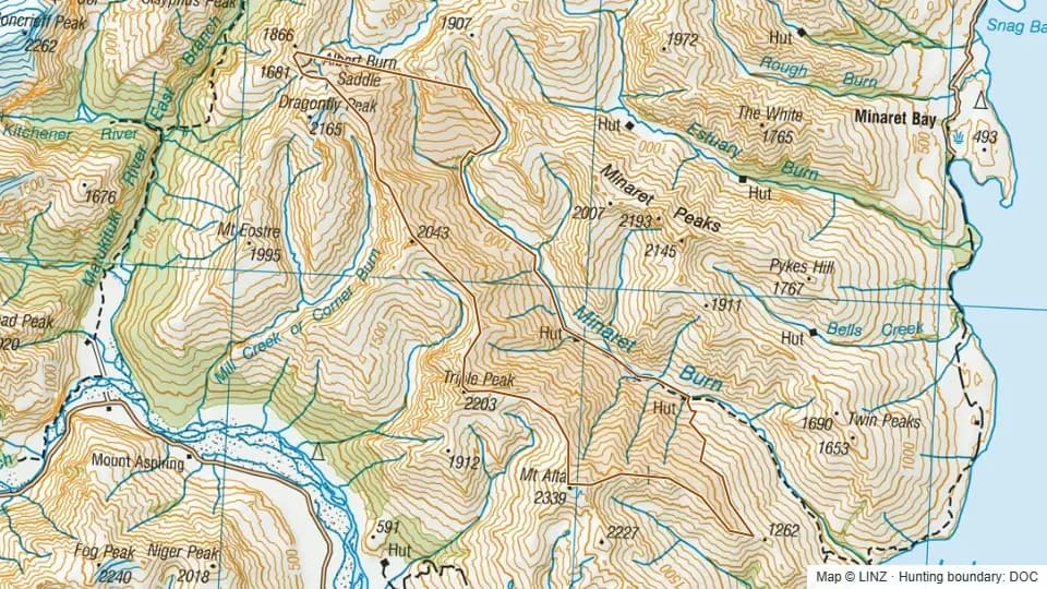 Topographic map of Minaret Burn in Otago, New Zealand, with the DOC hunting boundary outlined.