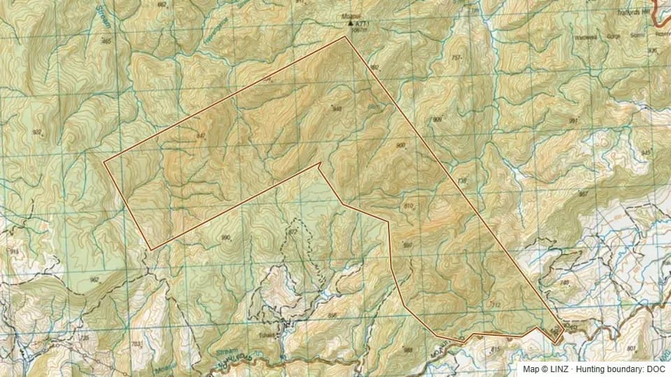 Topographic map of Moanui Conservation Area in Gisborne, New Zealand, with the DOC hunting boundary outlined.