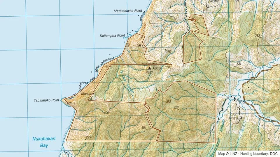 Topographic map of Moeatoa Scenic Reserve in Waikato, New Zealand, with the DOC hunting boundary outlined.