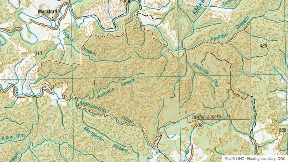 Topographic map of Mohakatino Conservation Area in Taranaki, New Zealand, with the DOC hunting boundary outlined.