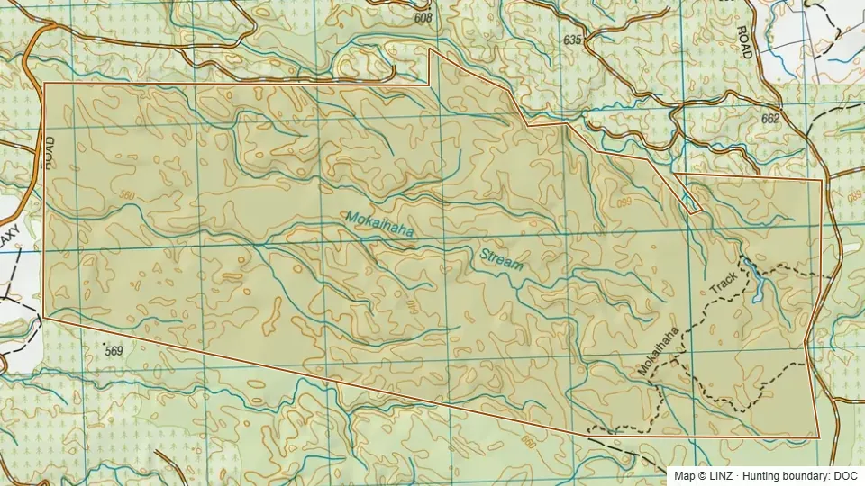 Topographic map of Mokaihaha Ecological Area in Waikato, New Zealand, with the DOC hunting boundary outlined.