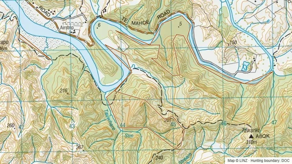 Topographic map of Mokau Conservation Area in Waikato, New Zealand, with the DOC hunting boundary outlined.