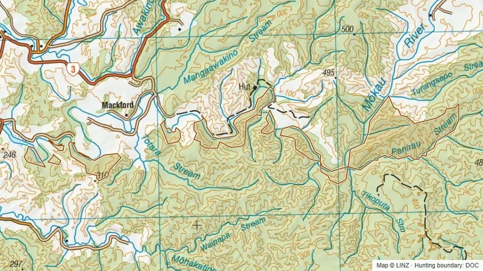 Topographic map of Mokau River Scenic Reserve in Waikato, New Zealand, with the DOC hunting boundary outlined.