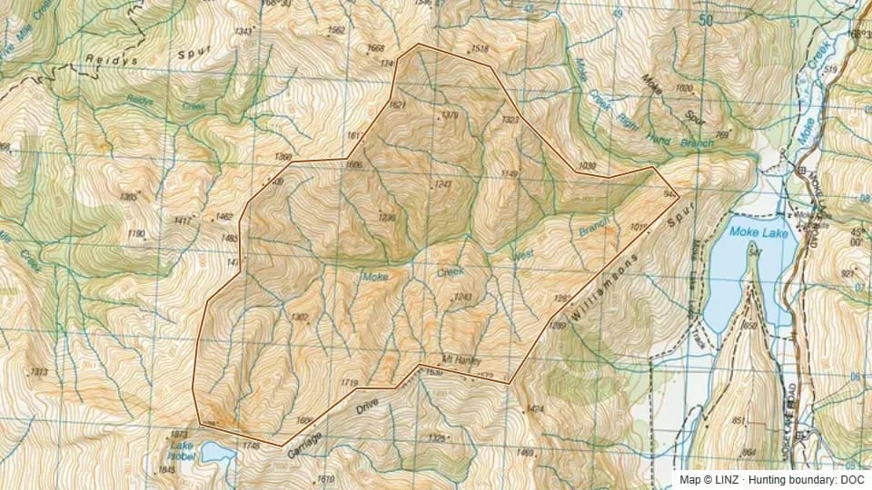 Topographic map of Moke Creek West Branch in Otago, New Zealand, with the DOC hunting boundary outlined.