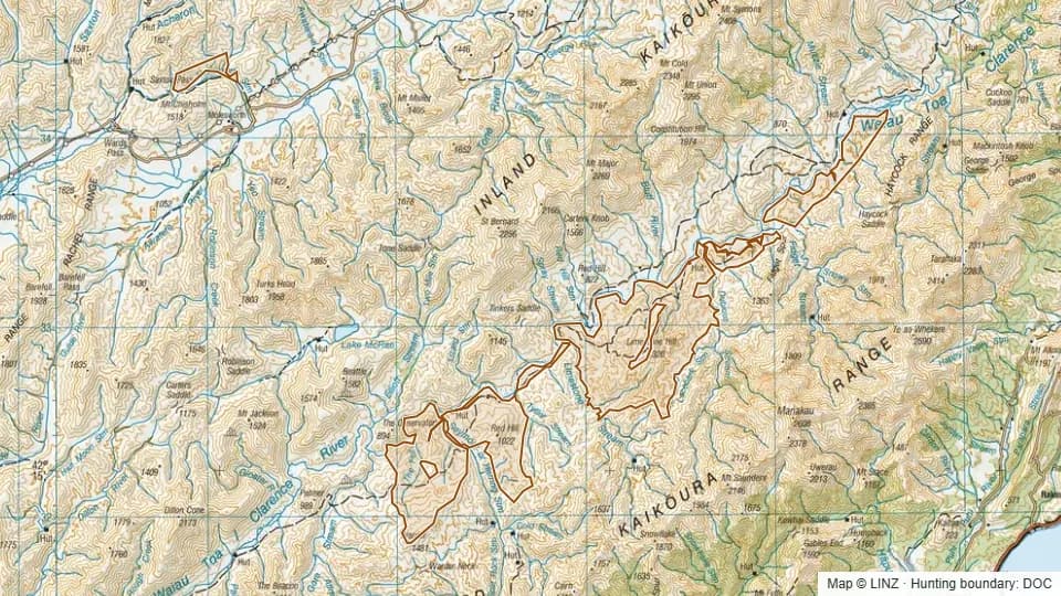 Topographic map of Molesworth Station and Clarence grazing lease in Canterbury, New Zealand, with the DOC hunting boundary outlined.