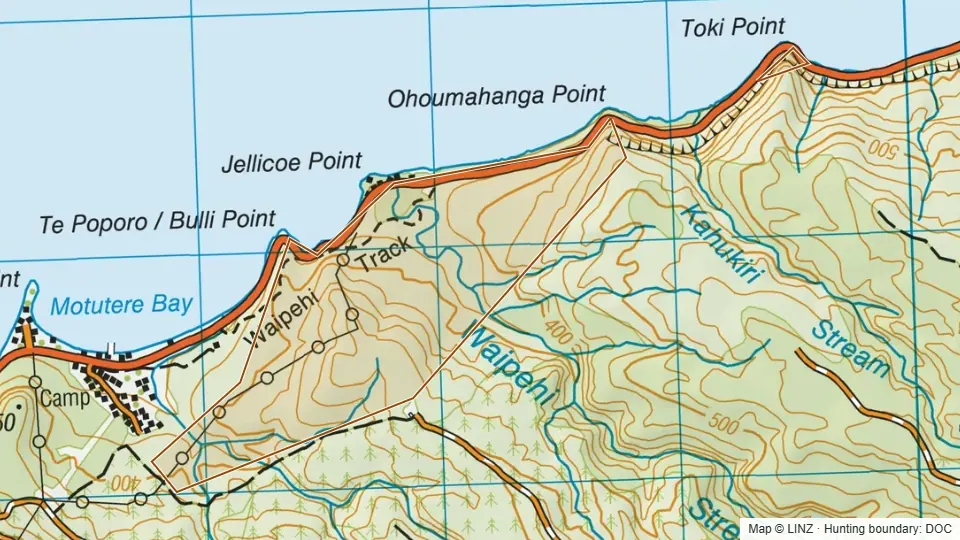 Topographic map of Motutere Scenic Reserve in Waikato, New Zealand, with the DOC hunting boundary outlined.