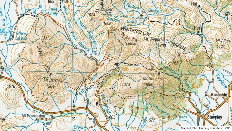 Topographic map of Mount Barrosa/ Mount Somers in Canterbury, New Zealand, with the DOC hunting boundary outlined.