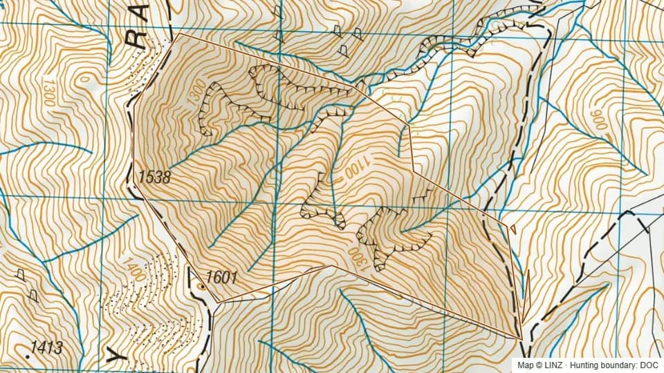Topographic map of Mount Dalgety Conservation Area in Canterbury, New Zealand, with the DOC hunting boundary outlined.