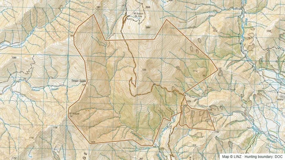 Topographic map of Mount Dobson in Canterbury, New Zealand, with the DOC hunting boundary outlined.