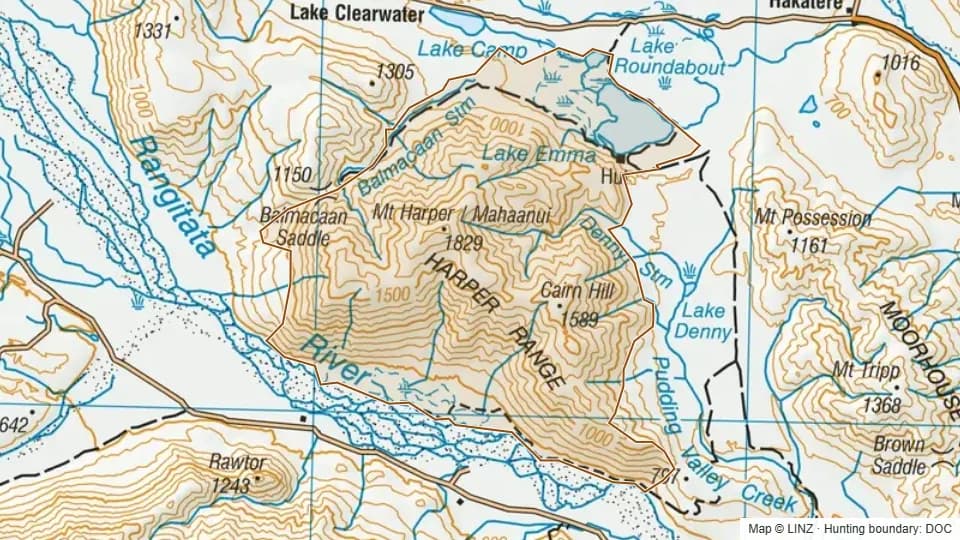 Topographic map of Mount Harper/ Mahaanui in Canterbury, New Zealand, with the DOC hunting boundary outlined.