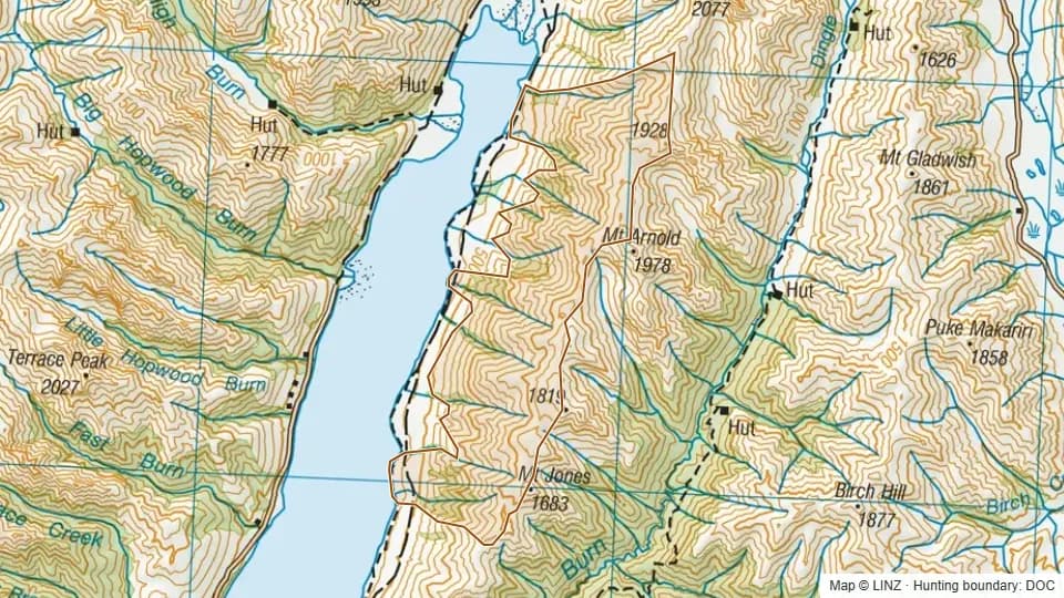 Topographic map of Mount Jones in Otago, New Zealand, with the DOC hunting boundary outlined.