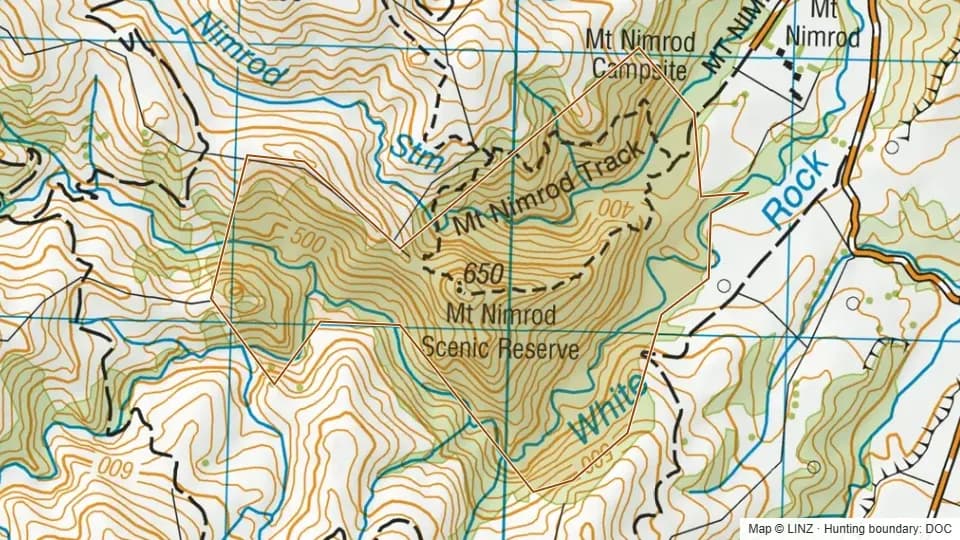 Topographic map of Mount Nimrod Reserve in Canterbury, New Zealand, with the DOC hunting boundary outlined.