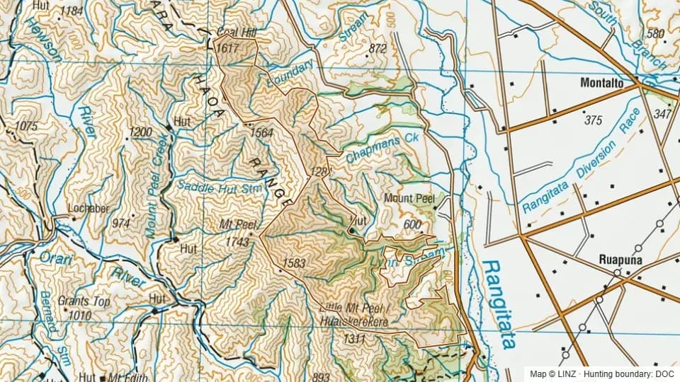 Topographic map of Mount Peel/ Waikari Hills in Canterbury, New Zealand, with the DOC hunting boundary outlined.