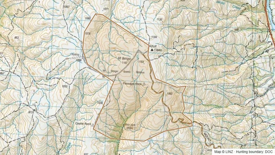 Topographic map of Mt Benger in Otago, New Zealand, with the DOC hunting boundary outlined.